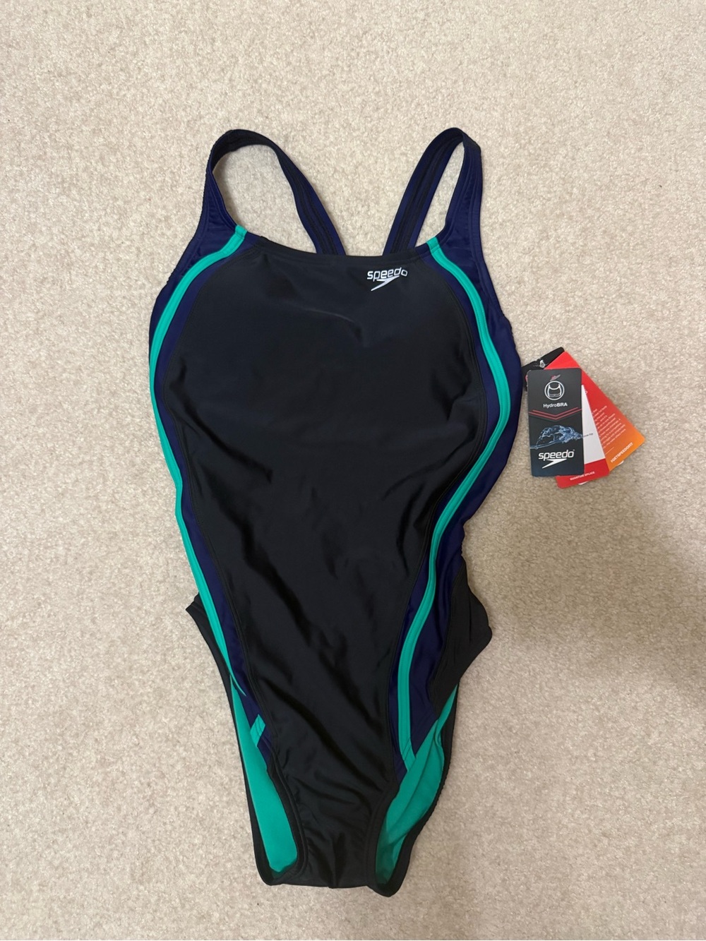 NWT Speedo Black One-Piece Swimsuit with Teal & Navy Piping
